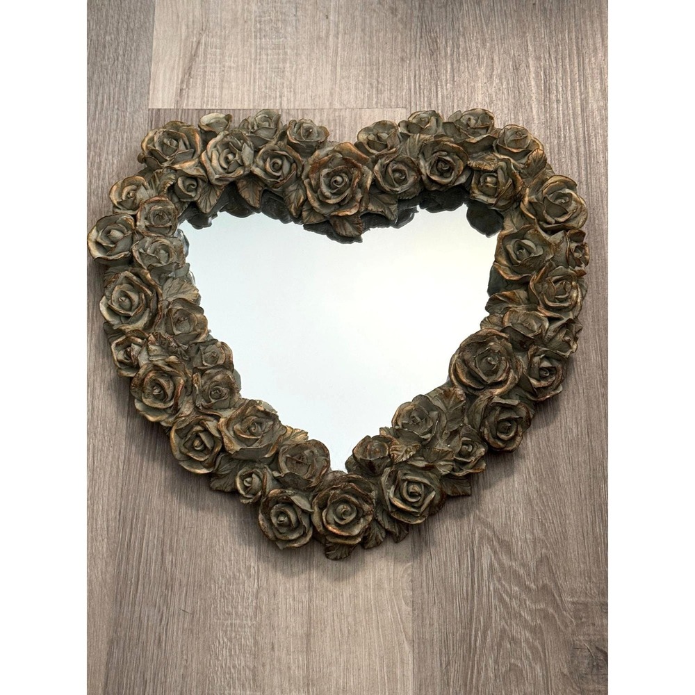 Vintage Decoline Carved Gold Gilt Roses Heart Shaped Accent Mirror